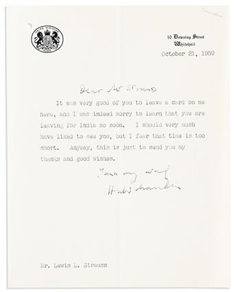 (PRIME MINISTERS--UK.) MACMILLAN, HAROLD. Small archive of 4 Typed Letters Signed, to Admiral Lewis Strauss,